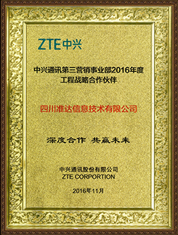 中興通訊第三營銷事業(yè)部2016年度工程戰(zhàn)略合作伙伴深度合作共贏未來獎(jiǎng)
